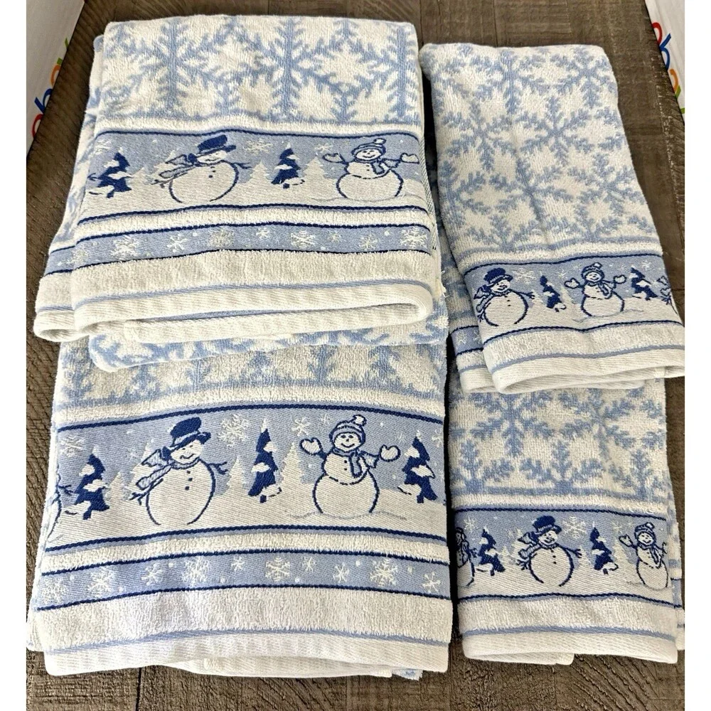 Vintage Blue/White/Silver Snowman Cotton Towel Set 4 Pieces Snow Winter GUC
